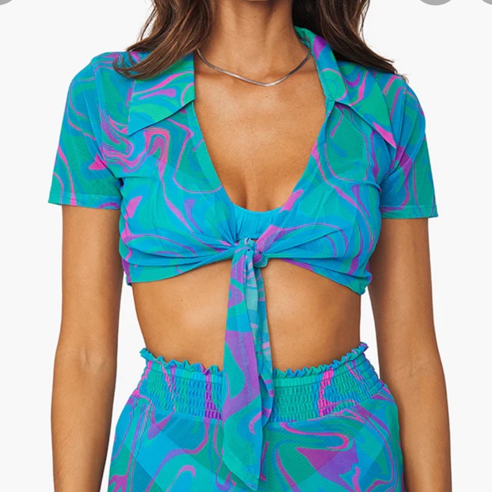 WeWoreWhat Mesh Paradise Marble Tie Front Top